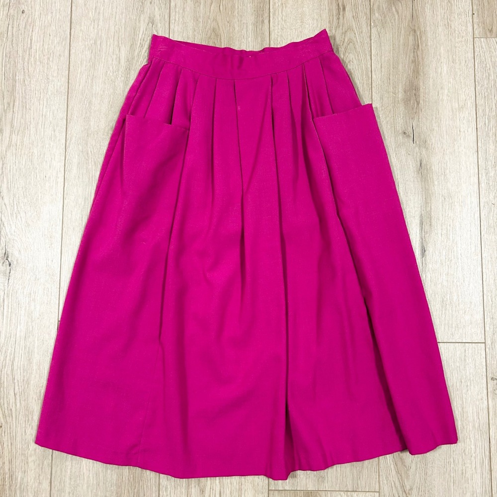 Fundamental Things Vintage Fuchsia Pink Pleated High Waist Midi Skirt Pockets 28